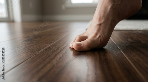 Barefoot toes flexing and pressing down on a polished dark hardwood floor indoors