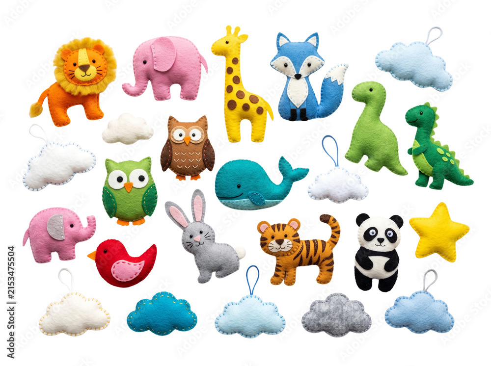 Obraz premium Felt animal nursery decor set with clouds and star shapes.