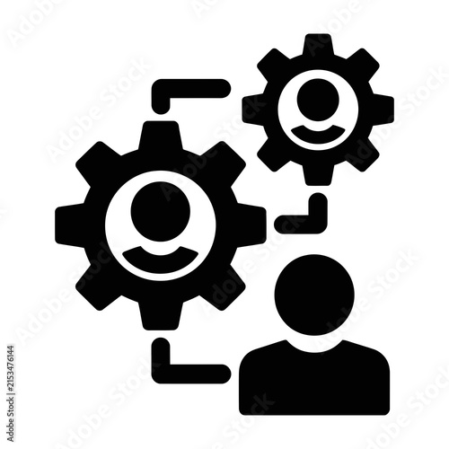 Flat icon showing teamwork and management with gear symbols and human silhouettes