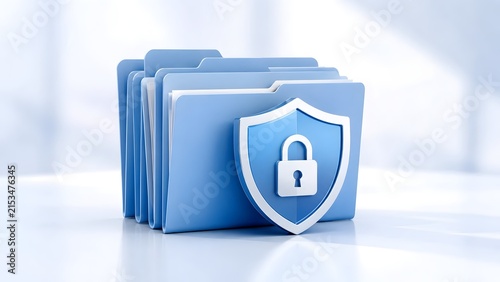 Stack of blue digital folders with a padlock shield icon on a white desk representing confidential document security and data privacy.
