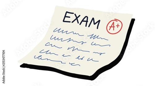 Exam Paper with A Plus Grade Mark and Handwritten Notes Education Assessment Illustration Isolated on PNG Background.