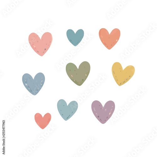 Collection of pastel colored heart shapes with distressed texture cute scattered symbols of love textured distressed scattered valentine background isolated illustration artistic creative