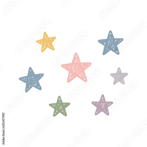 Set of hand drawn pastel stars in various colors with illustration colorful isolated decoration creative background collection backdrop astronomy celestial ornament composition minimalist