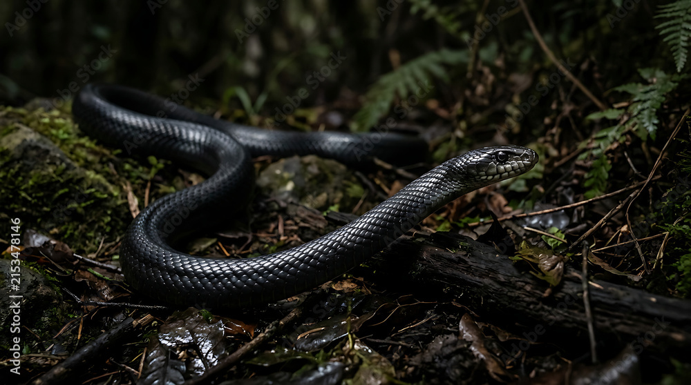 Fototapeta premium Sleek Black Snake Slithering Through Dark Forest Floor Amidst Leaves and Branches