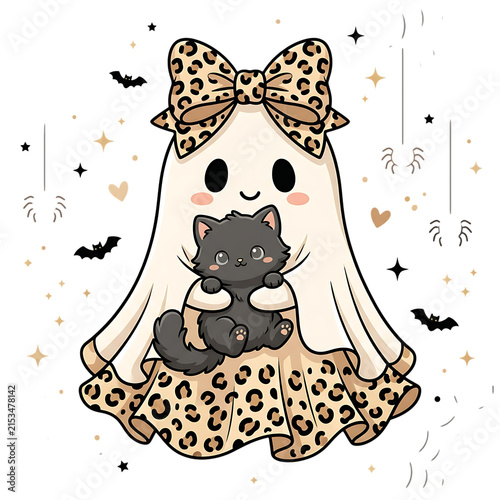 Kawaii ghost holding black cat with leopard print bow, halloween
