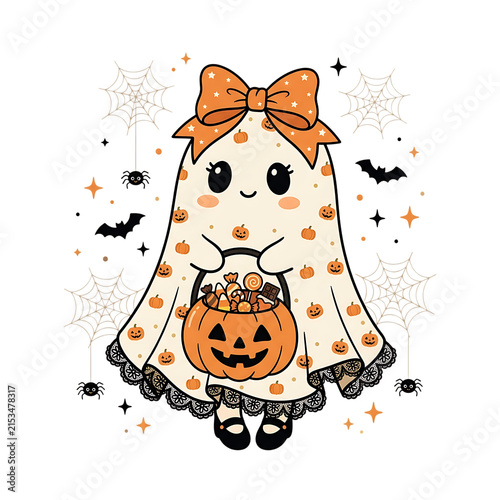 Cute little ghost trick or treating with a pumpkin candy bucket