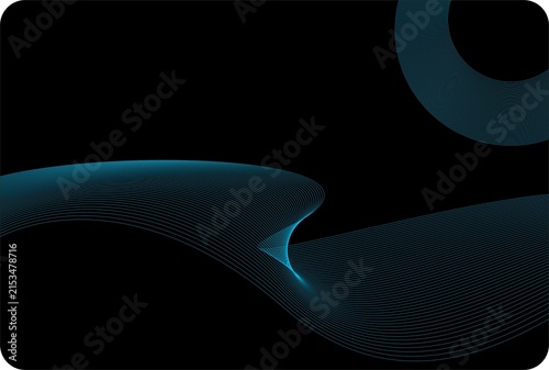 A deep black background contrasts with glowing, light-blue fine-line art elements and abstract geometric line patterns, featuring gentle wave shapes that undulate horizontally across the lower-middle 