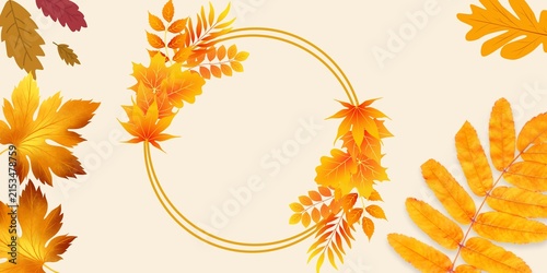 Autumn Leaves Circular Frame with Orange and Golden Foliage on Cream Background