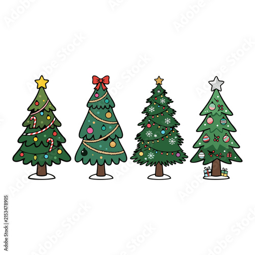 Set Of Four Vector Christmas Trees Decorated Holiday Elements Collection