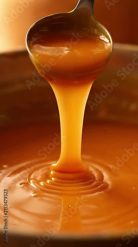 Melting caramel sauce pouring spoon