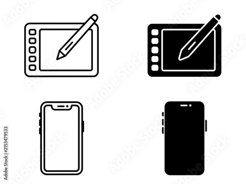 Digital graphics tablet and modern smartphone icon set with smartphone