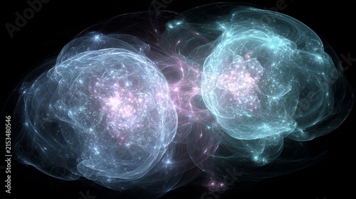 Ethereal ionized gas wisps in electric blues and pinks creating a cosmic nebula effect