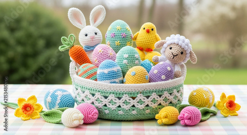 Crochet Easter basket with handmade yarn eggs, bunny, chick and lamb toys