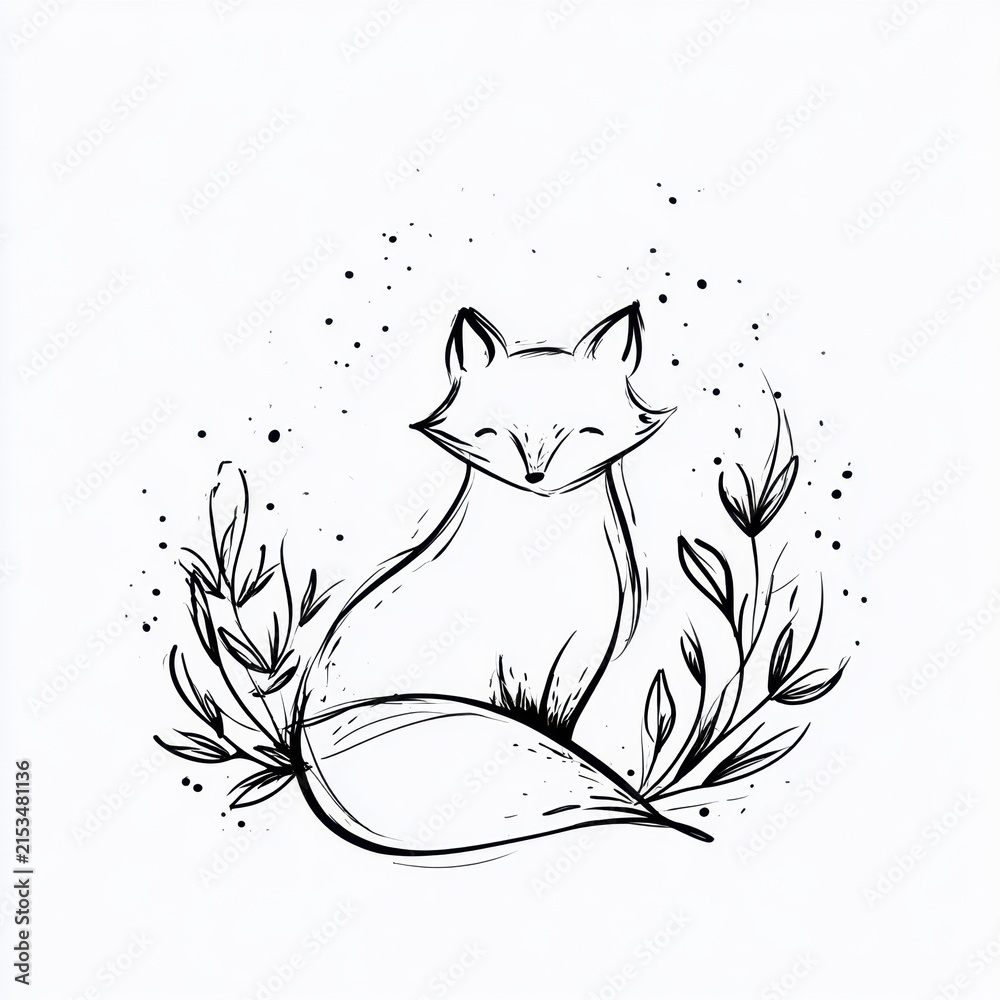 Naklejka premium A hand-drawn fox sits among light leaf sketches. This artistic work shows a detailed yet simple design of the animal and plants.