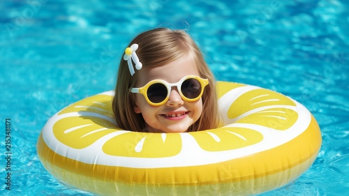 Happy young girl, child wearing yellow round sunglasses while floating inside a bright citrus lemon inner tube ring within a refreshing blue swimming pool during sunny summer vacation