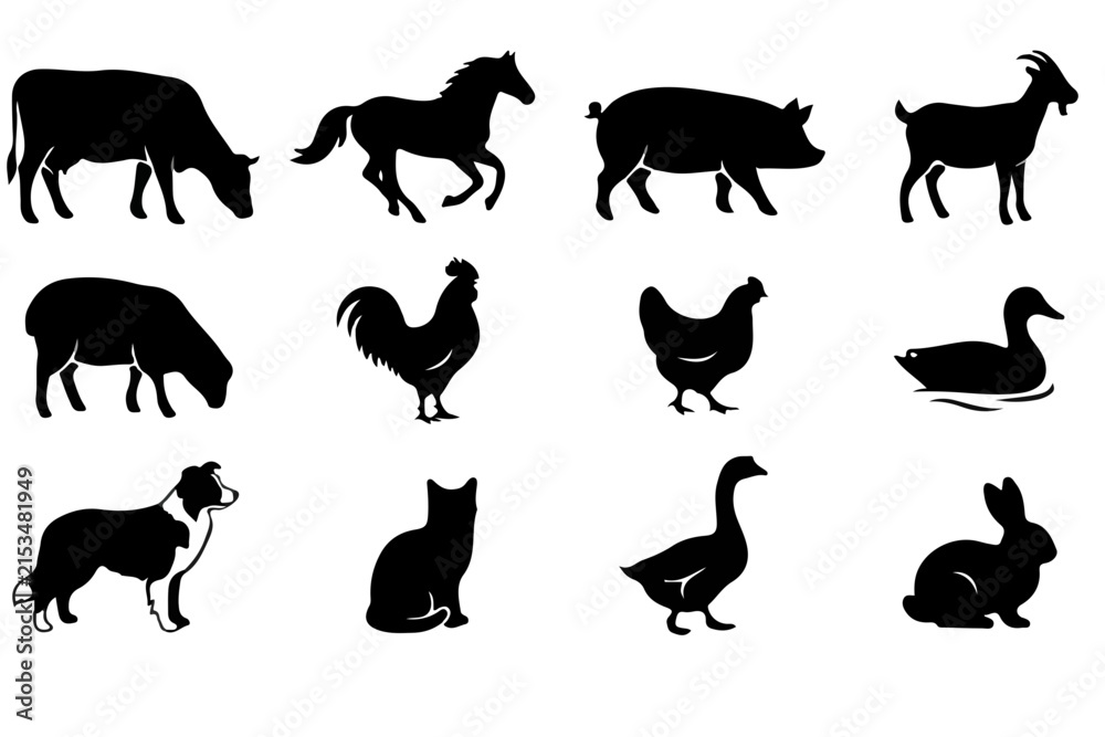 Obraz premium Farm & Pet Animal Silhouette Set - 12 Black Vector Icons