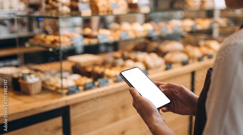 A person holding a smartphone in front of a bakery display case filled with baked goods.