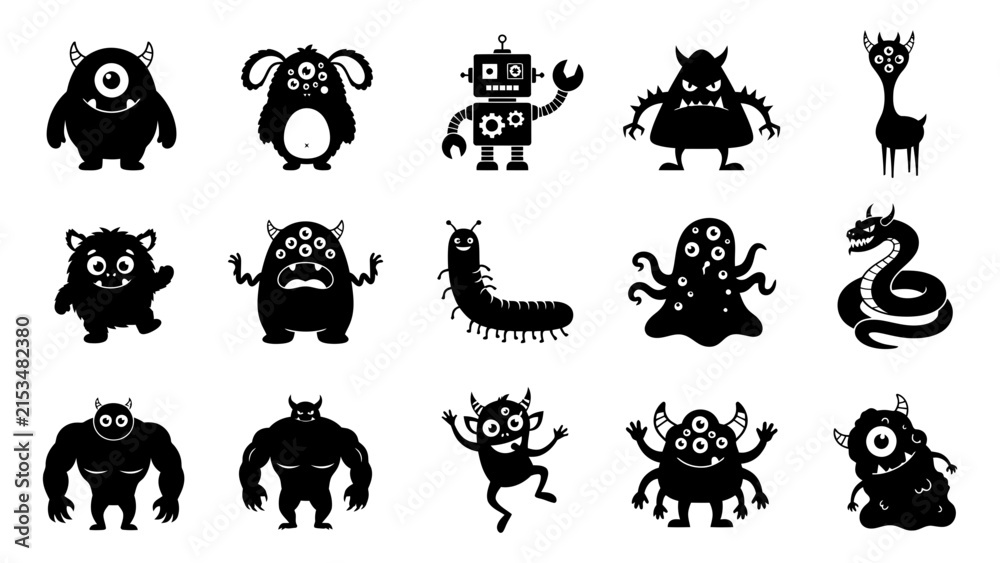 Obraz premium Set of various cute and scary monster silhouettes for children designs and creative graphic projects on white background