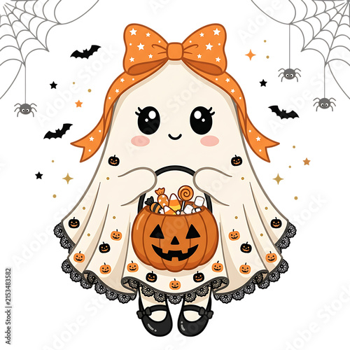 Adorable kawaii ghost girl with pumpkin candy pail for halloween