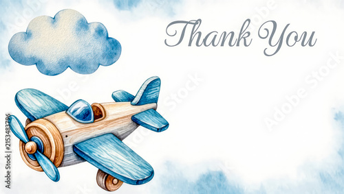 Watercolor blue toy airplane, Thank You card with copy space