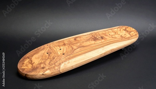 Wooden skateboard glows with radiant clarity, radiating resilience, craft, and motion; a vivid emblem of design, balance, and transformation within sport.