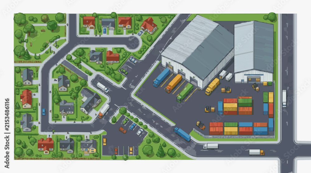 Obraz premium Minimalist Aerial View of Industrial Warehouse Complex Surrounded by Residential Area with Colorful Shipping Containers