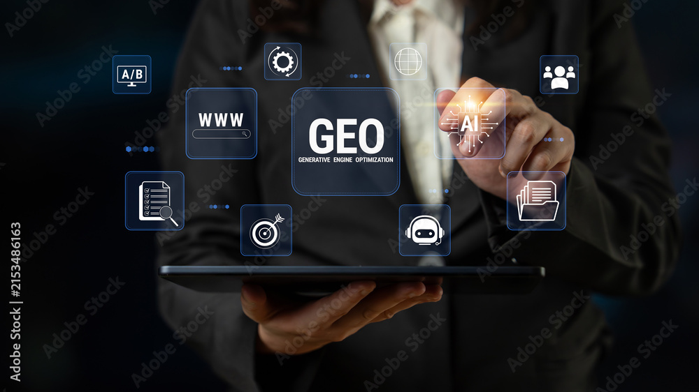 Obraz premium Business Professional Using Tablet for Digital Marketing Analytics and Data Visualization with Icons Related to AI and Online Performance Enhancement. Glyphic.