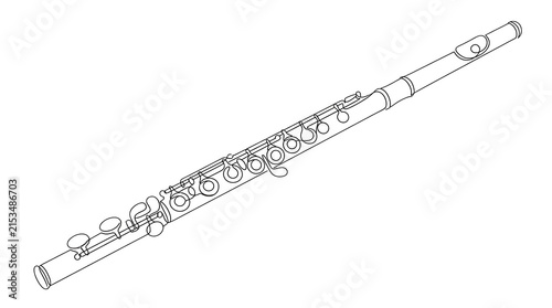 Flute line art PNG with detailed key mechanism, simple outline drawing isolated on transparent background for music education and creative design
