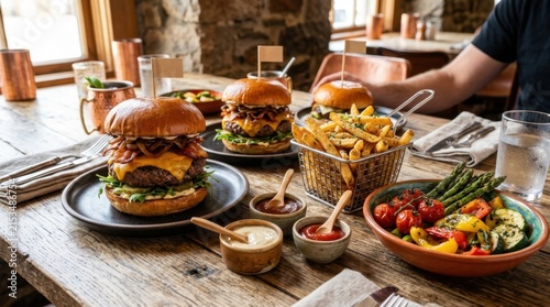 Gourmet burgers and fries served with fresh vegetables and dipping sauces on a wooden table