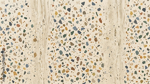 Close-up of terrazzo flooring surface showcasing multicolored aggregate particles blended with cement matrix