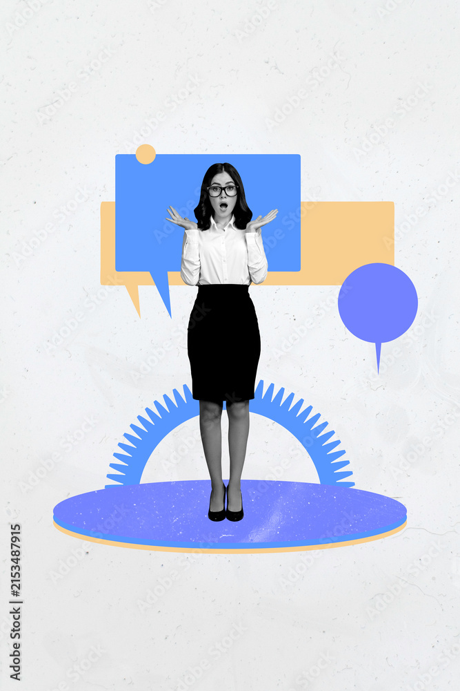 Fototapeta premium Vertical image poster art collage of happy girl guy stand colorful icon bubble communication chat dialogue speech conversation
