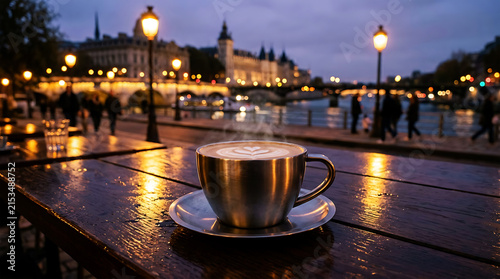 Warm coffee cup on wooden table at dusk with city lights