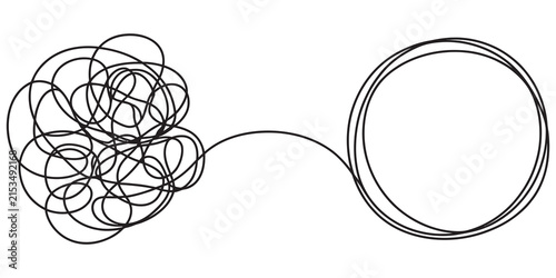 Tangled line unraveling into organized circle, problem solving concept