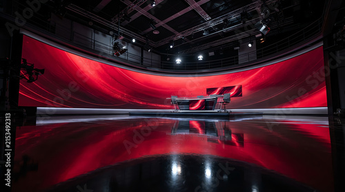 A modern television news studio features a curved red LED backdrop and a polished floor.