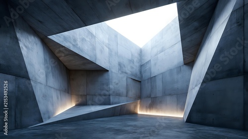 Minimal exposed concrete architecture featuring rhythmic geometric planes illuminated by overhead skylight without recognizable structures premium editorial realism