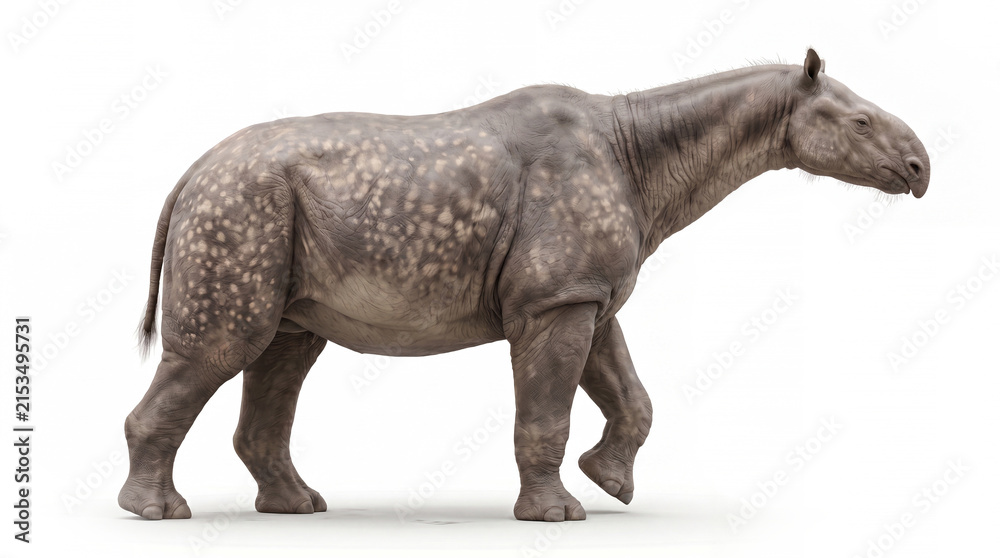 Fototapeta premium Paraceratherium transouralicum walking laterally, full body giant prehistoric rhinoceros in a natural side-profile locomotion pose on white background