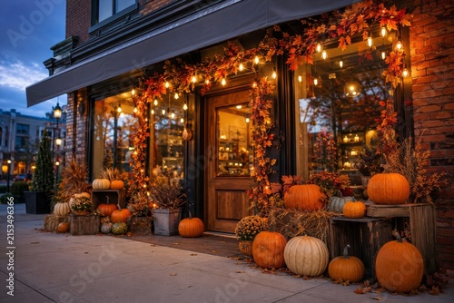 Halloween storefront decoration with pumpkins and string lights