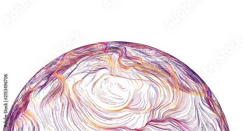 Abstract colorful swirling lines creating a spherical shape on a white background.