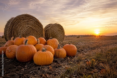 Autumn pumpkin patch field with hay bales at sunset