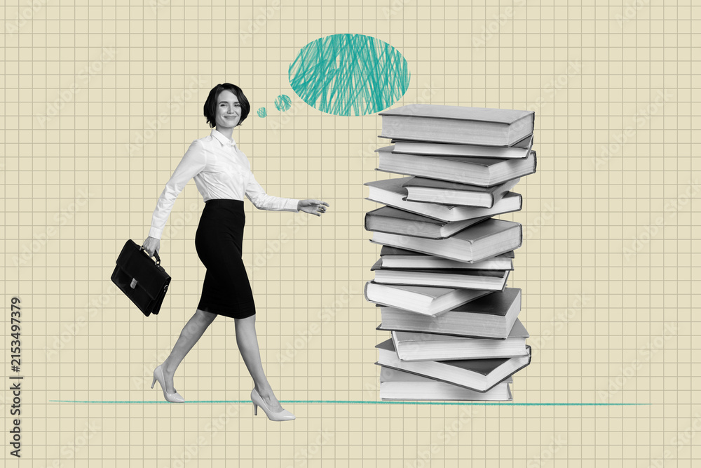 Fototapeta premium Poster photo full sketch collage of happy student girl stand book stack education concept drawing bubble chat bookworm hobby