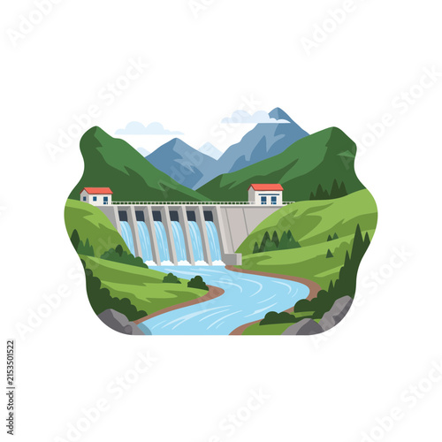 Hydroelectric Power Dam in Scenic Mountain Landscape Flat Vector Illustration