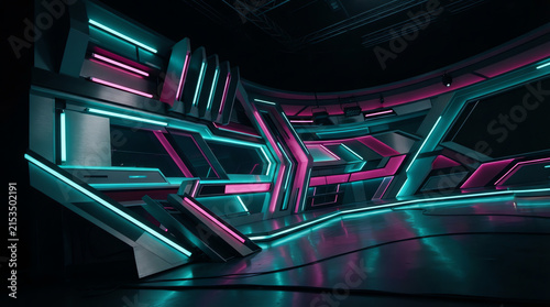 A futuristic digital space features glowing cyan and magenta geometric neon light panels.
