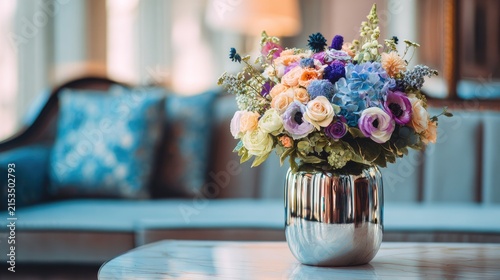 elegant metallic vase with purple flowers in warm natural sunlight