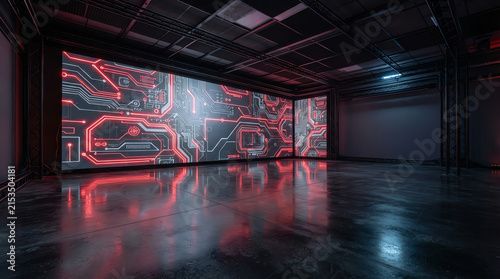 A dark empty room features large digital screens displaying glowing red circuit board.