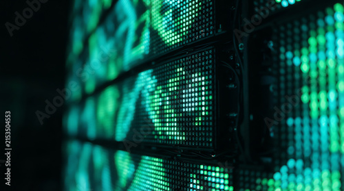 Glowing green digital pixels form abstract patterns on a dark screen display.