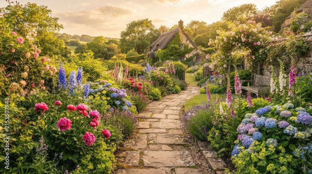 Obraz premium A picturesque stone pathway winds through a vibrant garden, leading to a charming thatched cottage.