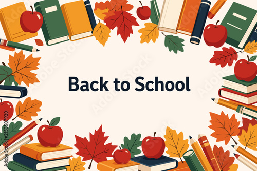 Back to School decoration with apples, books, and fall leaves in vibrant colors copy space