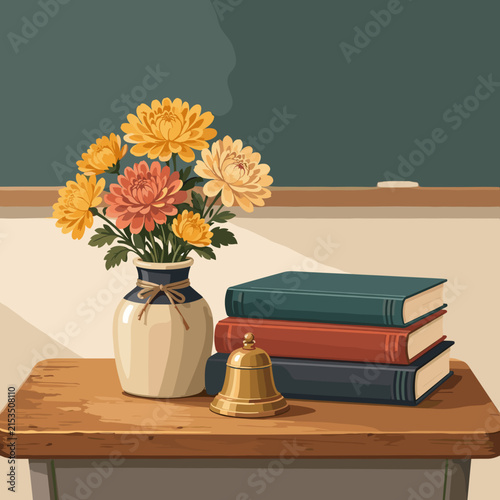 Flower vase with cheerful blooms and stacked books on a wooden table in a classroom