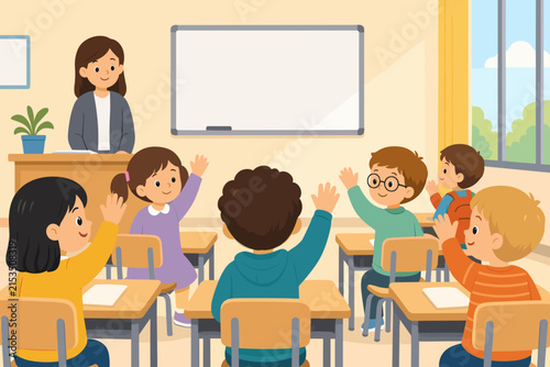 School children raising hands in a classroom with a teacher