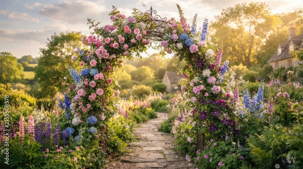 Obraz premium A beautiful, ornate metal archway is completely covered in vibrant pink and blue roses and other colorful flowers.